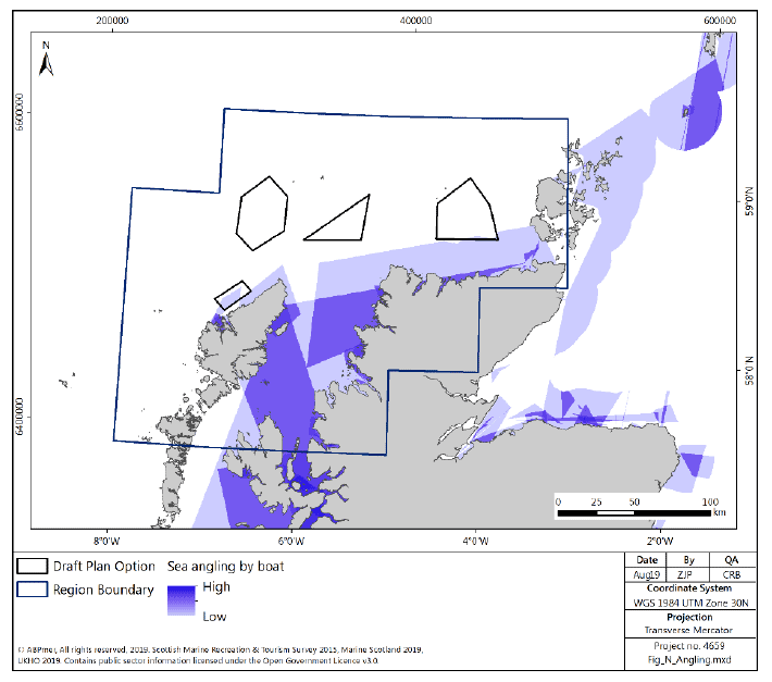 Figure 163 North region: sea angling (by boat) activity density Figure 163 North region: sea angling (by boat) activity density