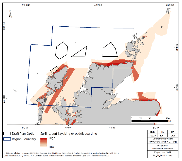Figure 166 North region: surfing, surf kayaking and paddleboarding activity density Figure 166 North region: surfing, surf kayaking and paddleboarding activity density