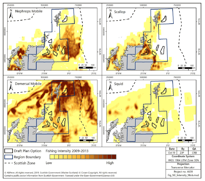 Figure 195 Fishing intensity for over-15m vessels in the North East region using demersal mobile gear (2009-2013) Figure 195 Fishing intensity for over-15m vessels in the North East region using demersal mobile gear (2009-2013)