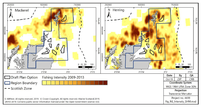Figure 196 Fishing intensity for over-15m vessels in the North East region targeting pelagic species (2009-2013) Figure 196 Fishing intensity for over-15m vessels in the North East region targeting pelagic species (2009-2013)