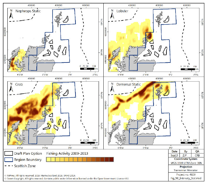 Figure 197 Fishing intensity for over-15m vessels in the North East region using static gear (2009-2013) Figure 197 Fishing intensity for over-15m vessels in the North East region using static gear (2009-2013)