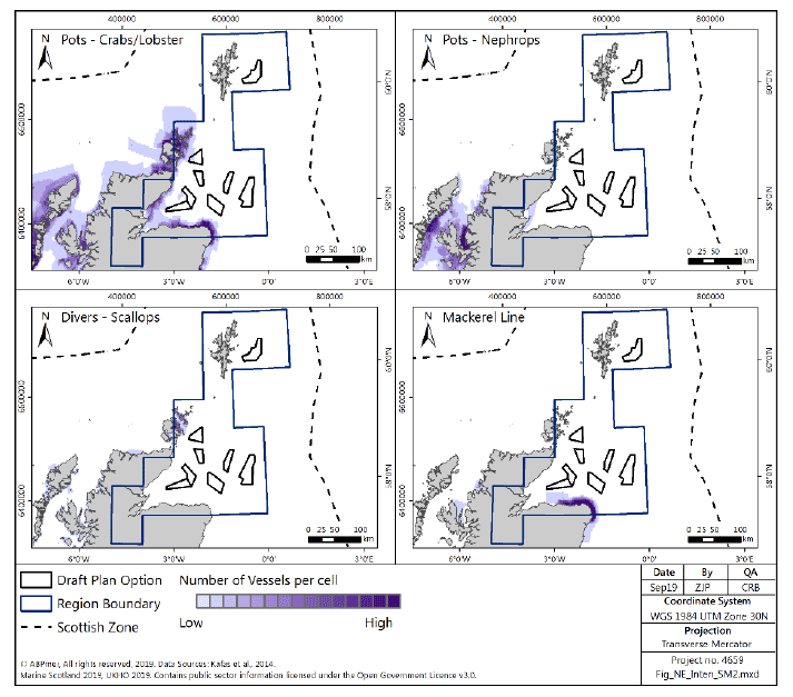 Figure 199 Number of vessels for under-15m vessels in the North East region, pots, divers and mackerel lines, from ScotMap Figure 199 Number of vessels for under-15m vessels in the North East region, pots, divers and mackerel lines, from ScotMap