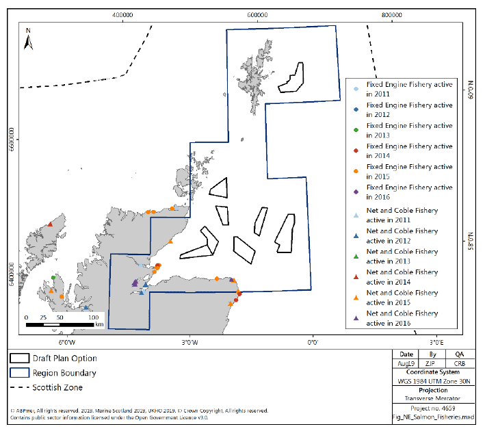 Figure 201 Salmon and sea trout net fisheries reporting catches in 2011-2016 in the North East region Figure 201 Salmon and sea trout net fisheries reporting catches in 2011-2016 in the North East region