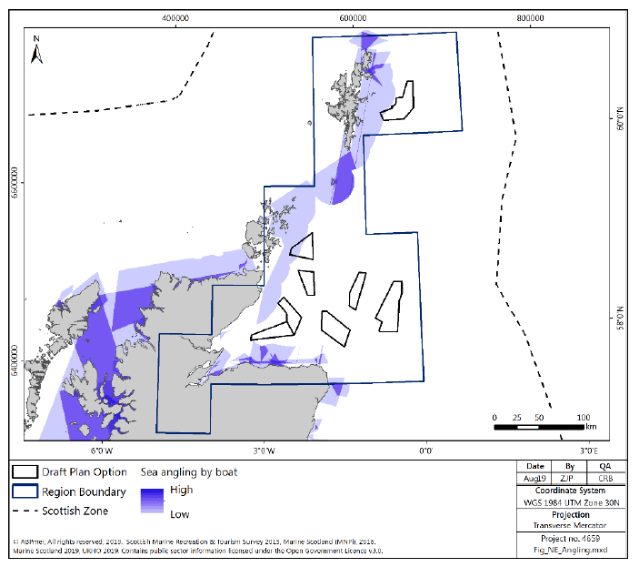 Figure 208 North East region: sea angling (by boat) activity density Figure 208 North East region: sea angling (by boat) activity density