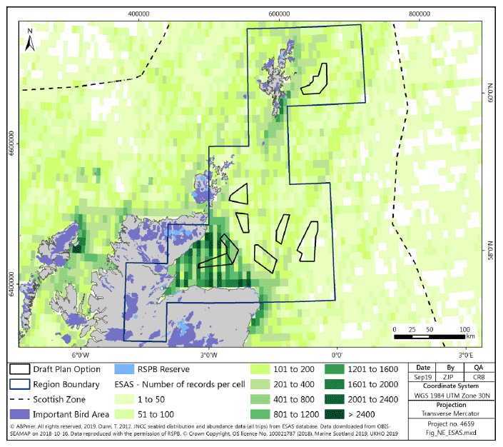 Figure 225 North East region: ESAS records per 0.1 degree cell Figure 225 North East region: ESAS records per 0.1 degree cell