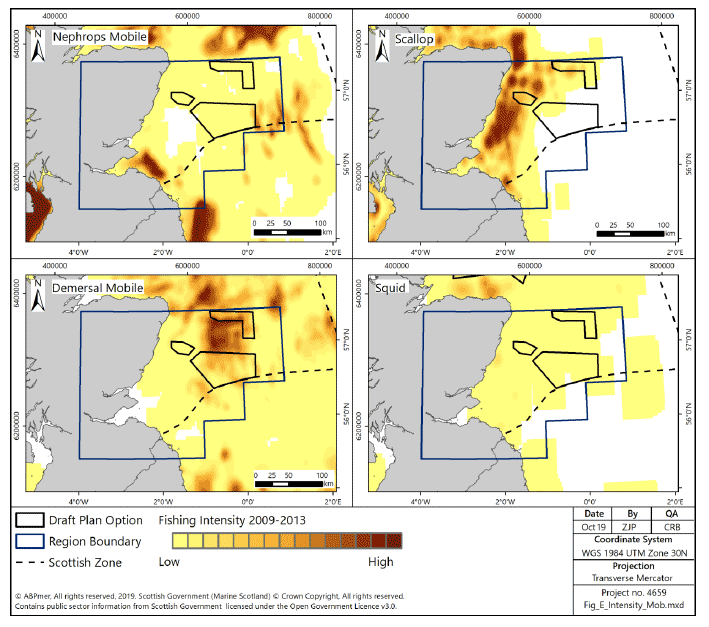 Figure 236 Fishing intensity for over-15m vessels in the East region using demersal mobile gear (2009-2013) Figure 236 Fishing intensity for over-15m vessels in the East region using demersal mobile gear (2009-2013)