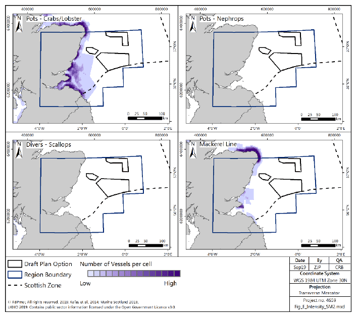 Figure 240 Number of vessels for under-15m vessels in the East region, pots, divers and mackerel lines, from ScotMap Figure 240 Number of vessels for under-15m vessels in the East region, pots, divers and mackerel lines, from ScotMap
