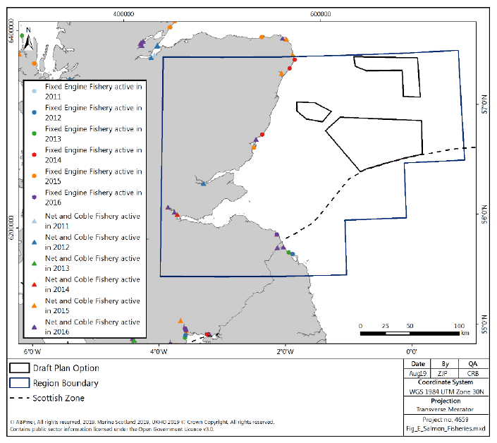 Figure 242 Salmon and sea trout net fisheries reporting catches in 2011-2016 in the East region Figure 242 Salmon and sea trout net fisheries reporting catches in 2011-2016 in the East region