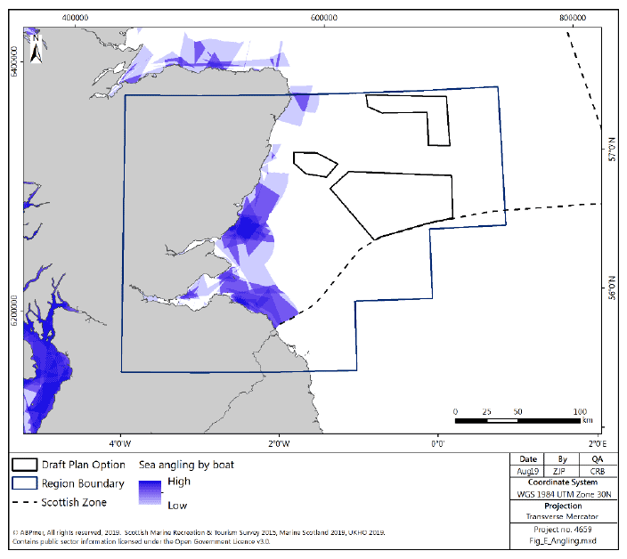 Figure 249 East region: sea angling (by boat) activity density Figure 249 East region: sea angling (by boat) activity density