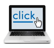 Open laptop with click written on the screen and cursor at end of the word click Open laptop with click written on the screen and cursor at end of the word click