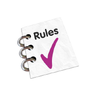 Notebook with rules written on it and a tick underneath the word rules Notebook with rules written on it and a tick underneath the word rules