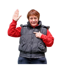 Person holding up their right hand with palm facing to the front, their left hand is on their chest and one figure is pointing to their right hand Person holding up their right hand with palm facing to the front, their left hand is on their chest and one figure is pointing to their right hand