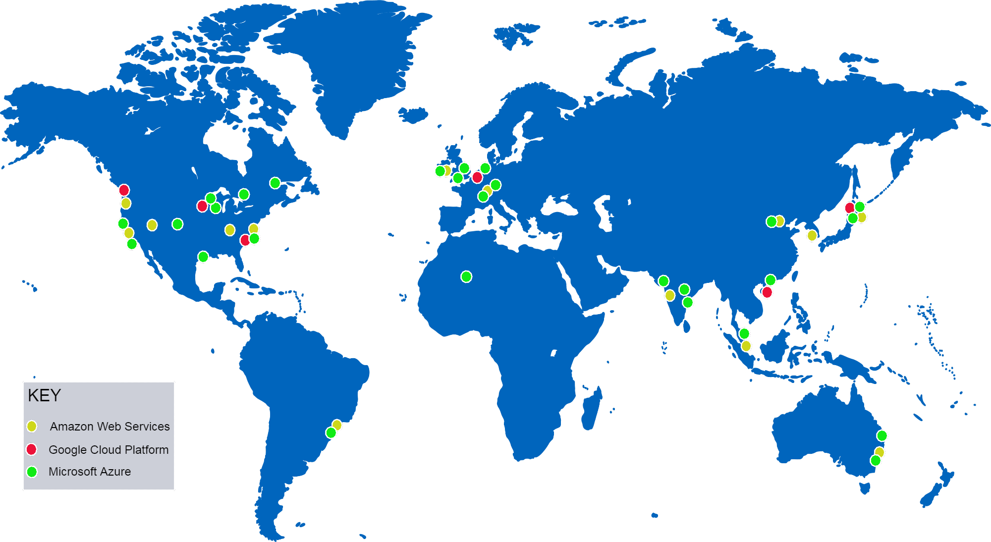 Global regions of hyper-scale cloud providers (as at 2016)