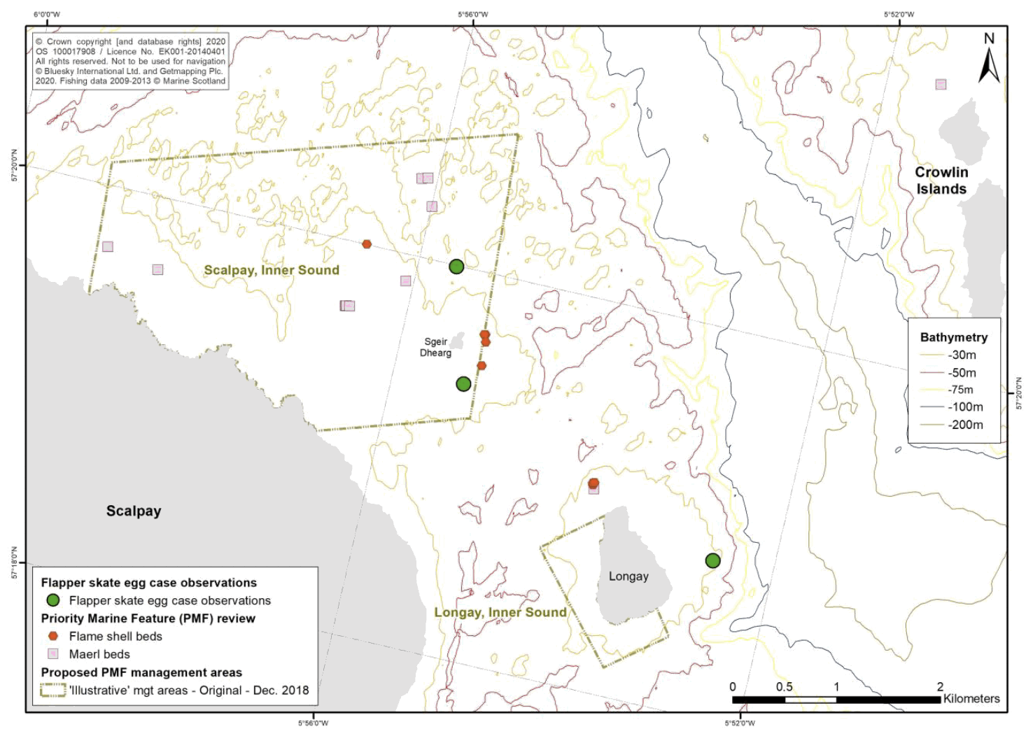 A map shows proposed Priority Marine Feature management areas near to the flapper skate egg records.