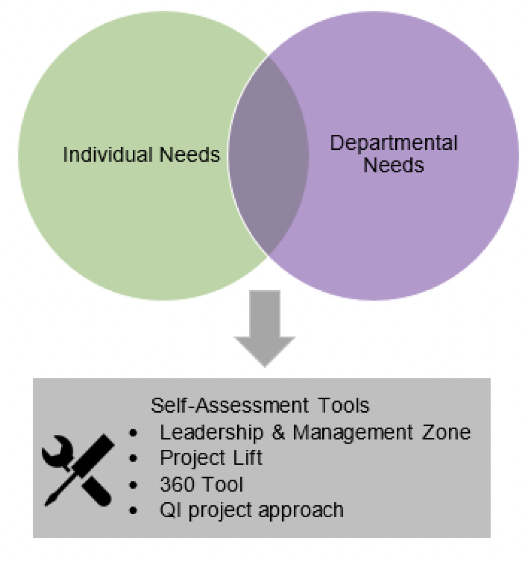 Diagram 3 is a venn diagram comprising two overlapping circles. The circle on the left is coloured green and titled ‘individual needs.’
The circle on the right is coloured purple and titled ‘departmental needs.’ 
Below the area where the two circles overlap is an arrow pointing to a grey box titled ‘Diagnositc tools’ with an icon of a spanner and screwdriver. The box contains four bullet points with examples of diagnostic tools. These are ‘leadership and management zone,’ project lift’, ‘360 tool’ and ‘QI project approach.’ 
