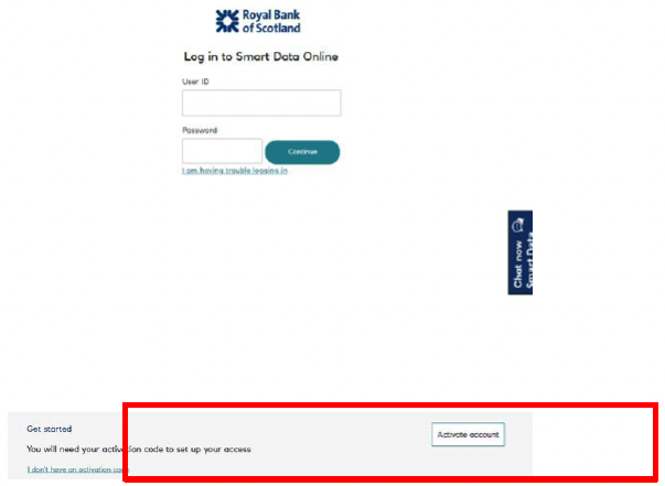 RBS Smart Data Online log in home screen
