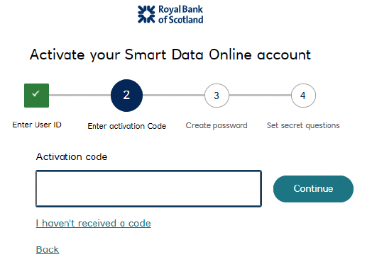 RBS Smart Data Online account activation screen