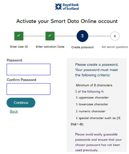 RBS Smart Data Online account create password  screen