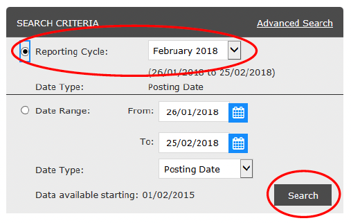 user role – Financial – Account Summary ‘ – Search Criteria – search Reporting Cycle