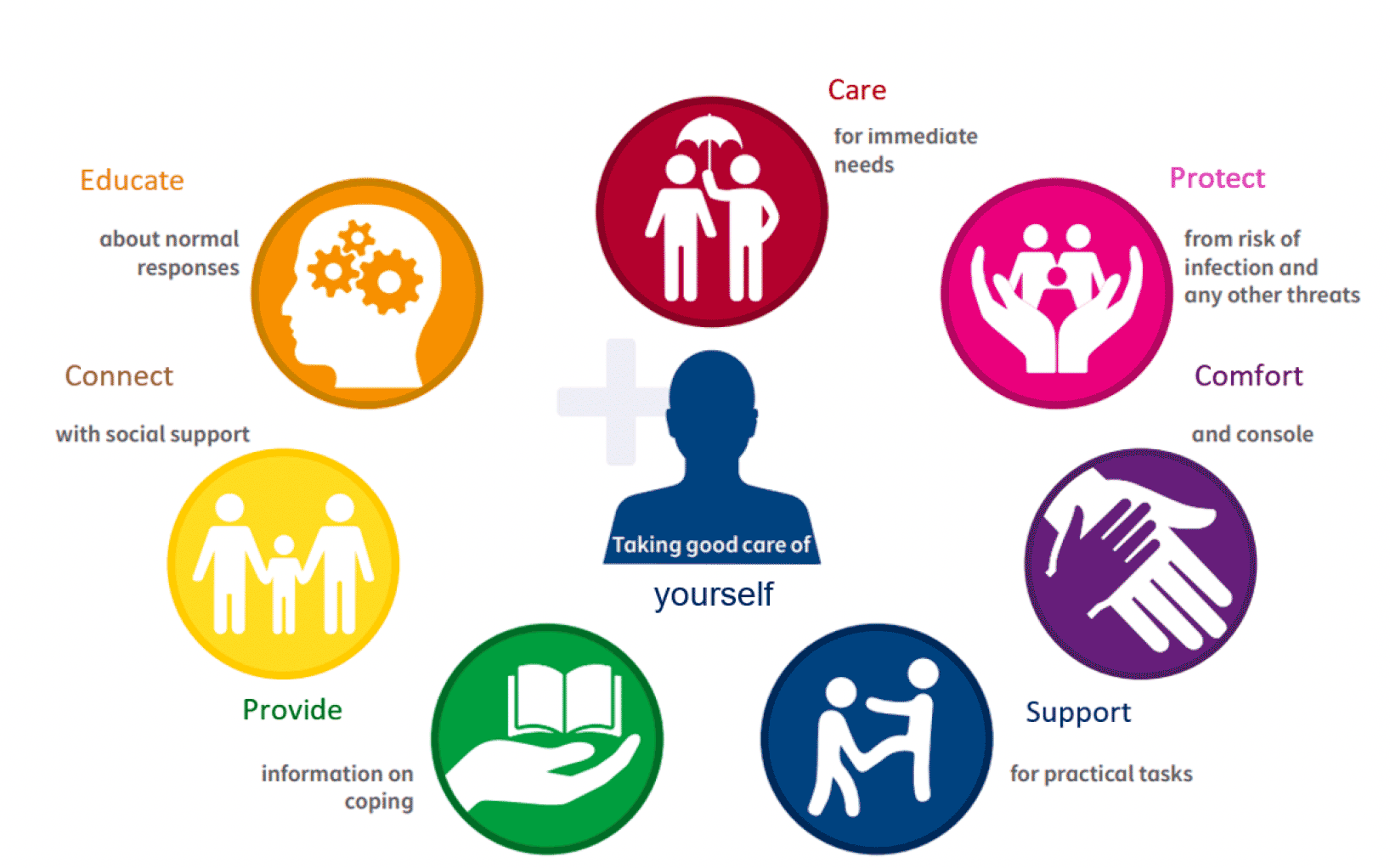 The seven principles of Psychological First Aid - Decorative infographic of the seven principles of Psychological First Aid: educate, care, protect, comfort, support, provide, connect.