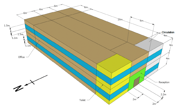 Snapshot of a modelled office building indicating various spaces and dimensions