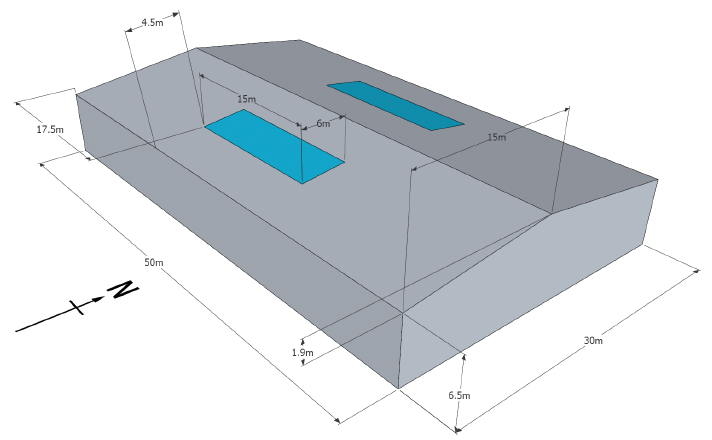 Snapshot of a modelled warehouse building indicating various spaces and dimensions