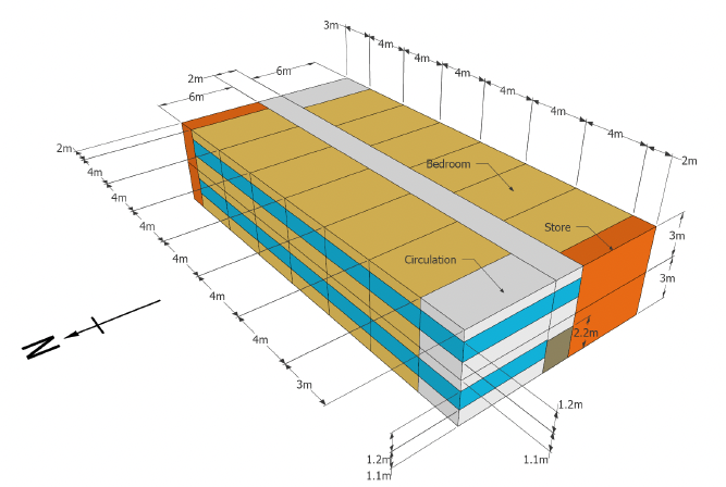 Snapshot of a modelled hotel building indicating various spaces and dimensions