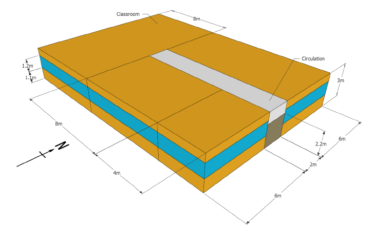 Snapshot of a modelled school building indicating various spaces and dimensions