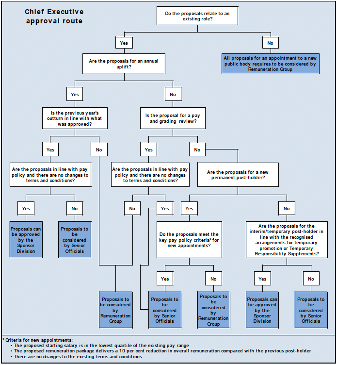 Flowchart showing the various circumstances of chief executive approval.