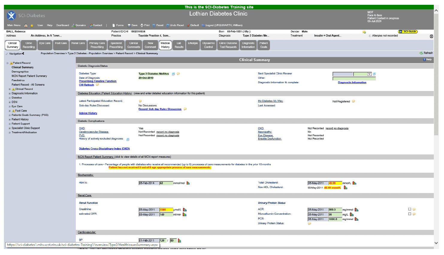 Screenshot from the SCI-Diabetes Clinical Summary page showing what data is displayed.