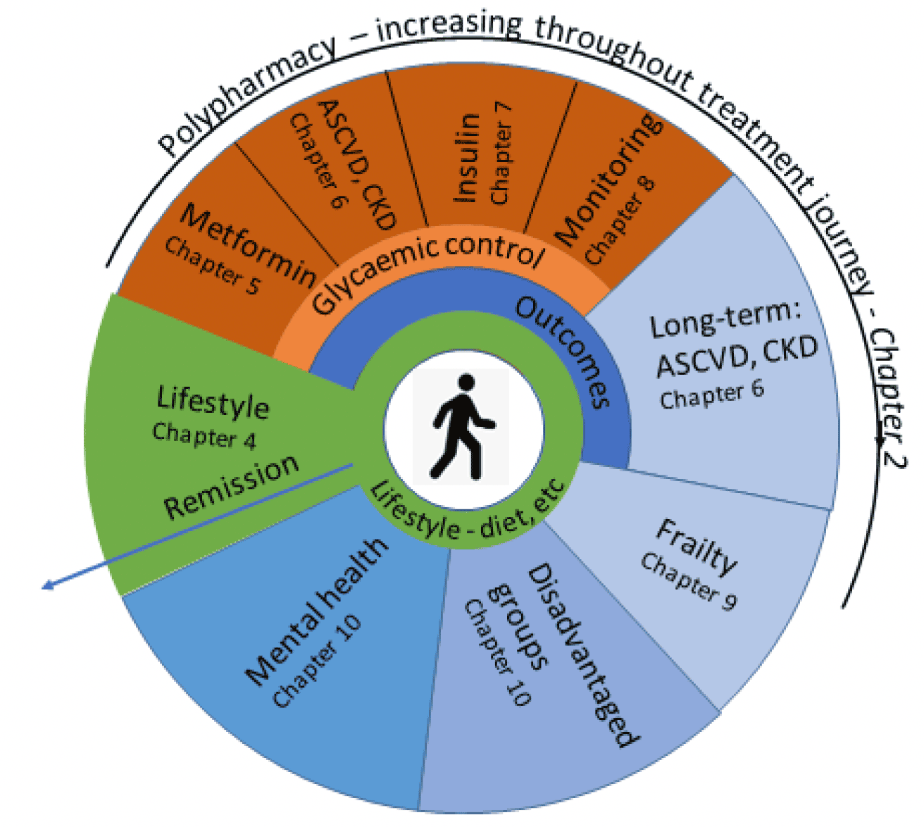 Illustrated representation of the journey through T2DM management showing the potential increase in polypharmacy with the development of comorbidities, but the potential for remission with lifestyle management.