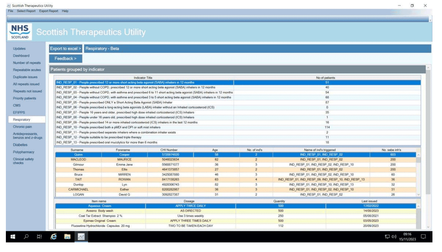 A screenshot from STU showing an example from the Respiratory tab