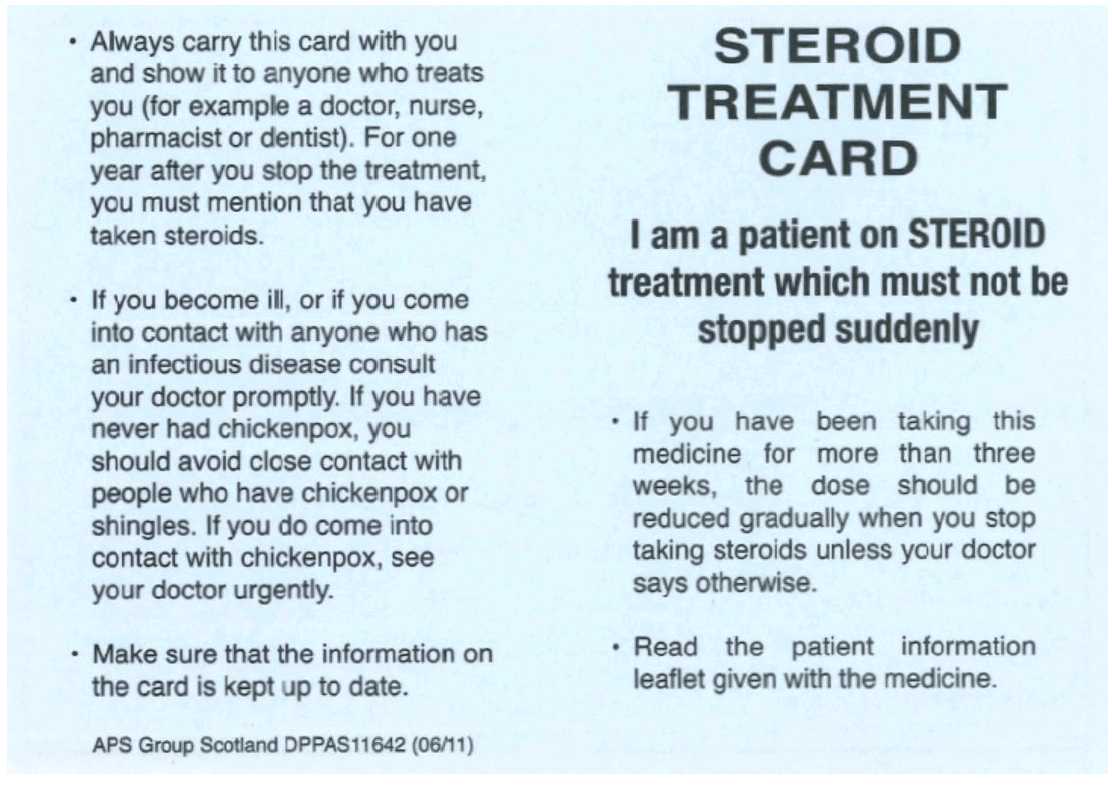 A close-up of the steroid treatment card