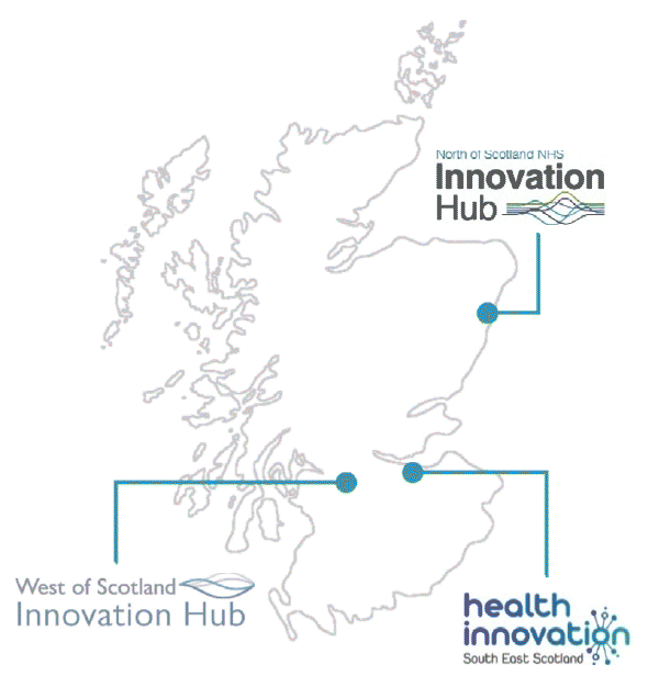 Map of Scotland with locations and logos for the North of Scotland NHS Innovation Hub (marked in Aberdeen), West of Scotland Innovation Hub (marked in Glasgow) and Health innovation South East Scotland (marked in Edinburgh).