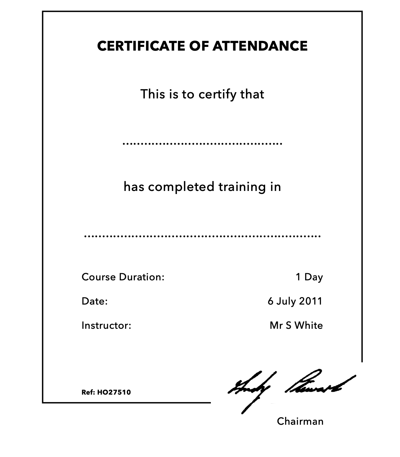 This is an example specimen certificate for the purposes of Article 24 of the Order, Training in Health and Safety matters.