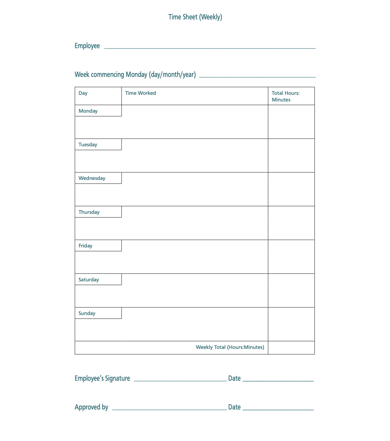 This is an example weekly timesheet format that can be used to record hours worked.