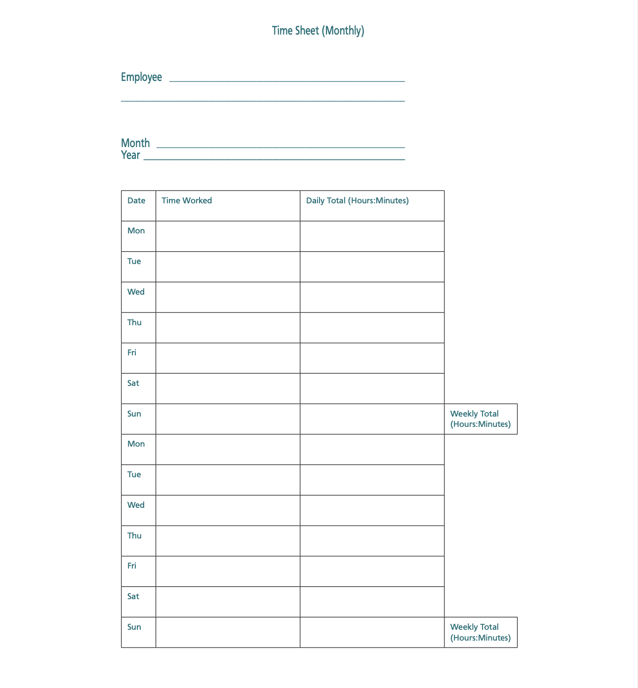 This is the first part of an example monthly timesheet format that can be used to record hours worked.