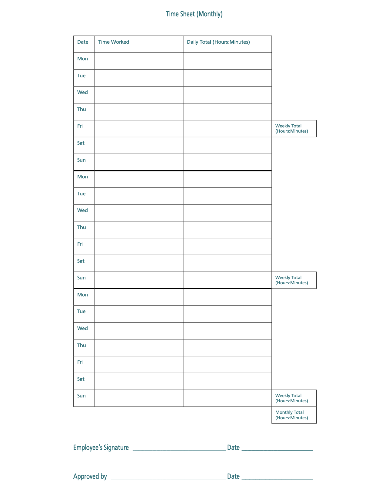 This is the second part of an example monthly timesheet format that can be used to record hours worked.