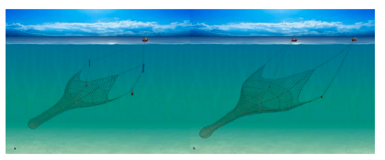 Image of a single pelagic trawler towing a net, and a pair of pelagic trawlers towing a net 
