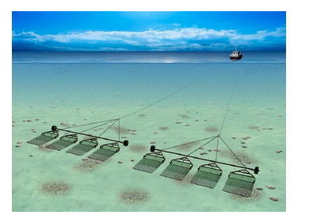 Vessel towing two sets of scallop dredges across the seabed