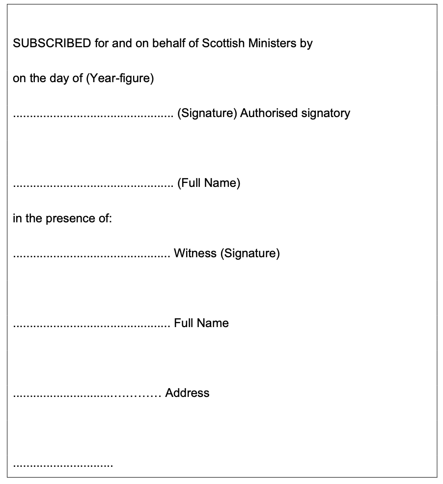 Image of the declaration and witnessing of the representatives of the Scottish Ministers signature.