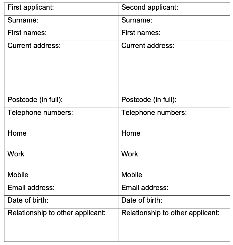 Image of table within the application form for the applicant/s personal information include contact details and current address.
