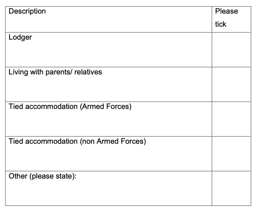 Image of table within the application form to describe the first applicants current living arrangements.
