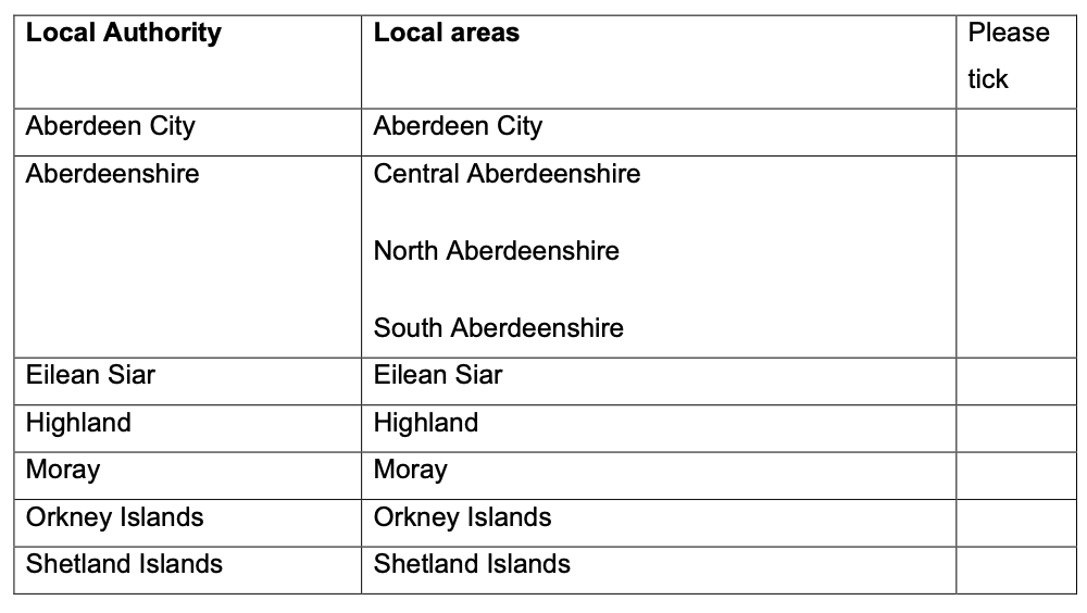 Image of table within the application form to select a local authority area.