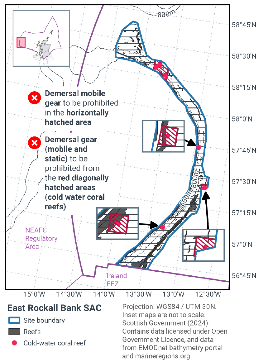 This map shows the East Rockall Bank&nbsp;SAC. The full site boundary is outlined in blue. Demersal mobile gear is banned in areas with horizontal hatching. In smaller red diagonally hatched zones, all demersal gear (mobile and static) is banned to protect cold-water coral reefs. Reefs are shaded grey. Inset maps zoom in on specific reef locations.