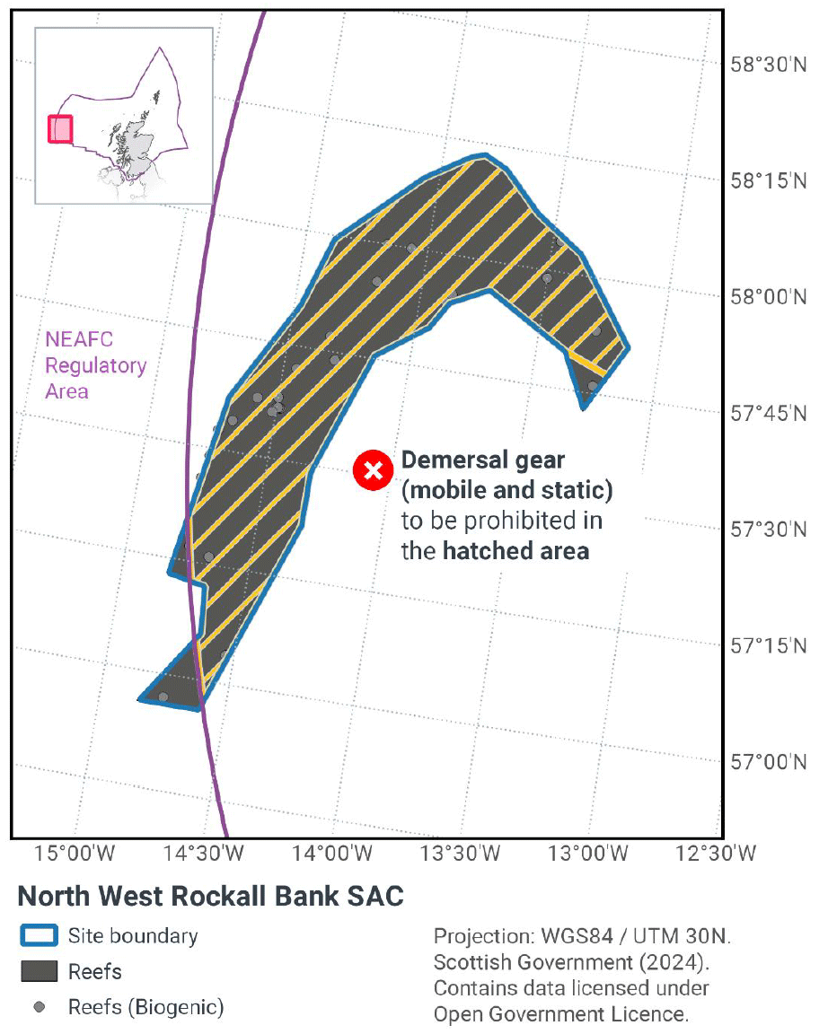 This map shows the North West Rockall Bank&nbsp;SAC. The hatched area inside the blue site boundary marks where both mobile and static demersal gear are banned. An inset map shows the site location to the west of Scotland.