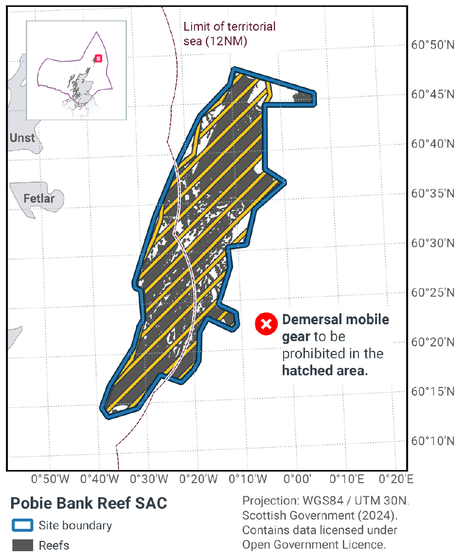 This map shows the Pobie Bank Reef&nbsp;SAC. It shows reef areas and a single hatched zone where demersal mobile gear is prohibited. An inset map shows the site location to the west of Scotland.