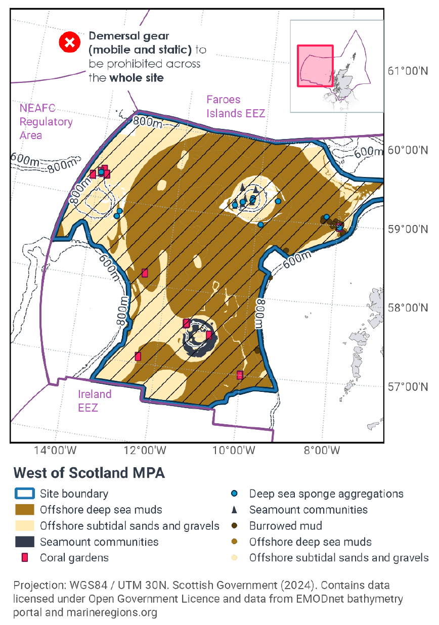 This maps shows The West of Scotland&nbsp;MPA. It shows site-wide prohibition of demersal gear (both mobile and static), indicated by diagonal hatching. An inset map shows the site location to the west of Scotland.