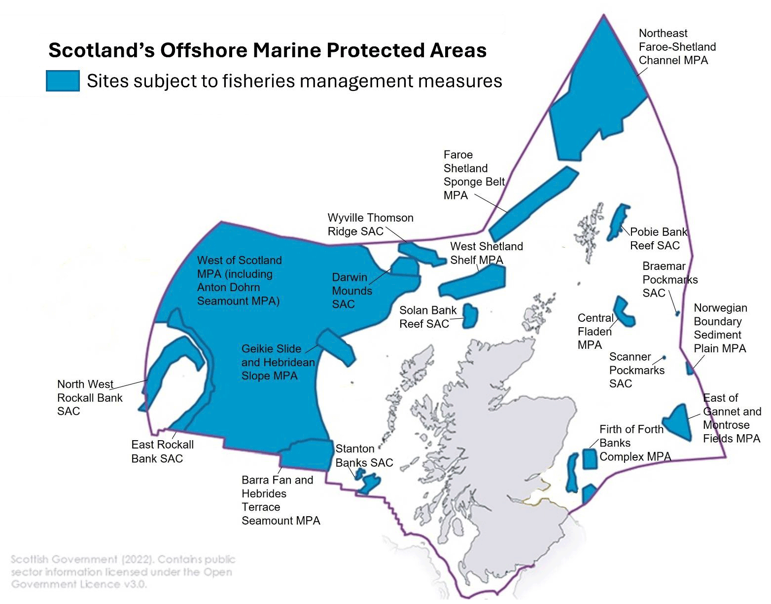 This map shows the Offshore Marine Protected Areas (MPAs) and Special Areas of Conservation (SACs) around Scotland where fisheries management measures will be implemented.