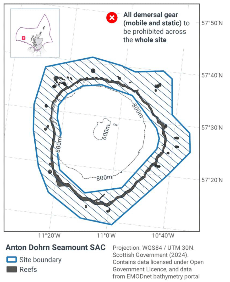 This map shows the Anton Dohrn Seamount&nbsp;SAC&nbsp;in the deep sea west of Scotland. The entire site is protected, with all types of demersal fishing gear, both mobile and static, banned throughout. The area includes several reef features and lies mostly between 600 and 800 meters deep. A small inset map indicates the site's offshore location relative to mainland Scotland.